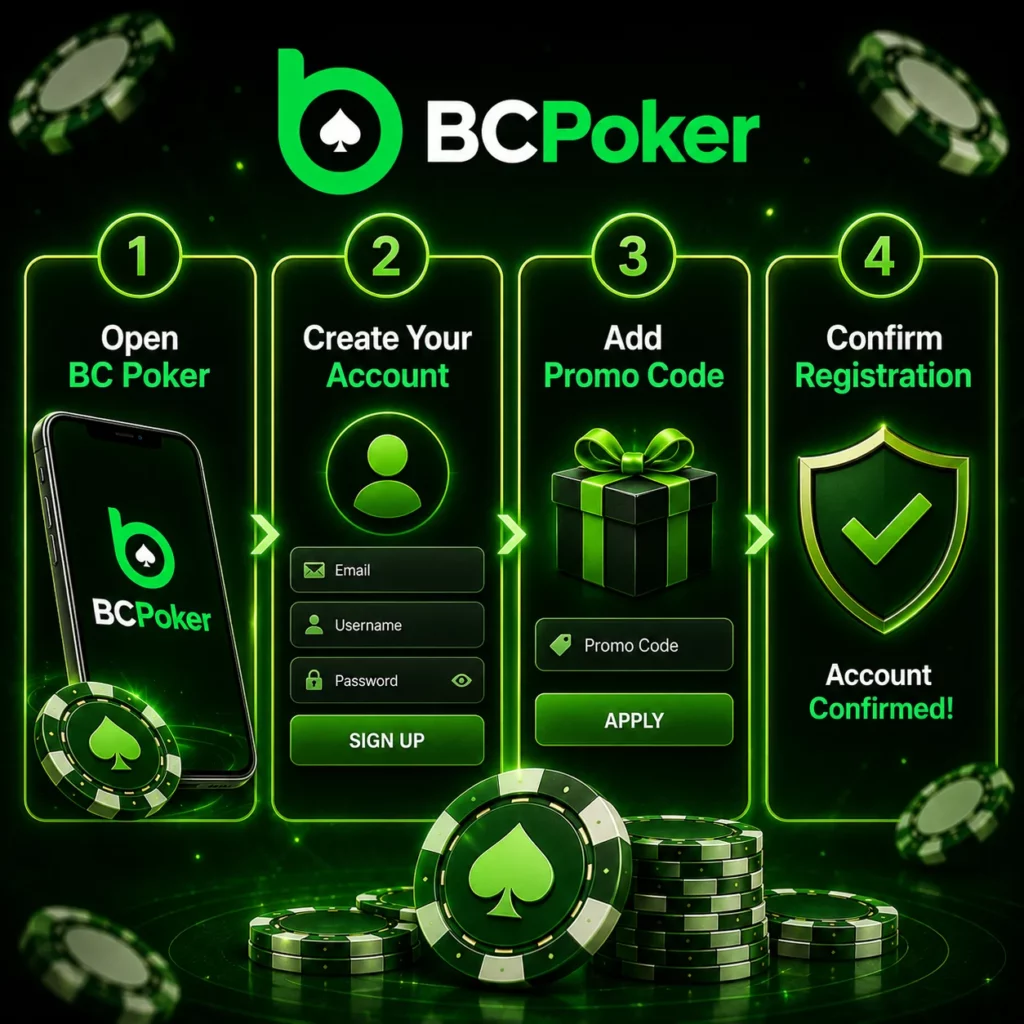 BC Poker registration banner with promo code and account setup steps