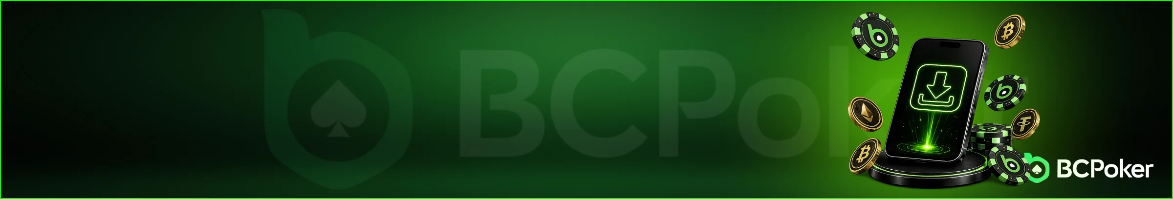 BC Poker app banner with phone, download icon, chips and crypto coins