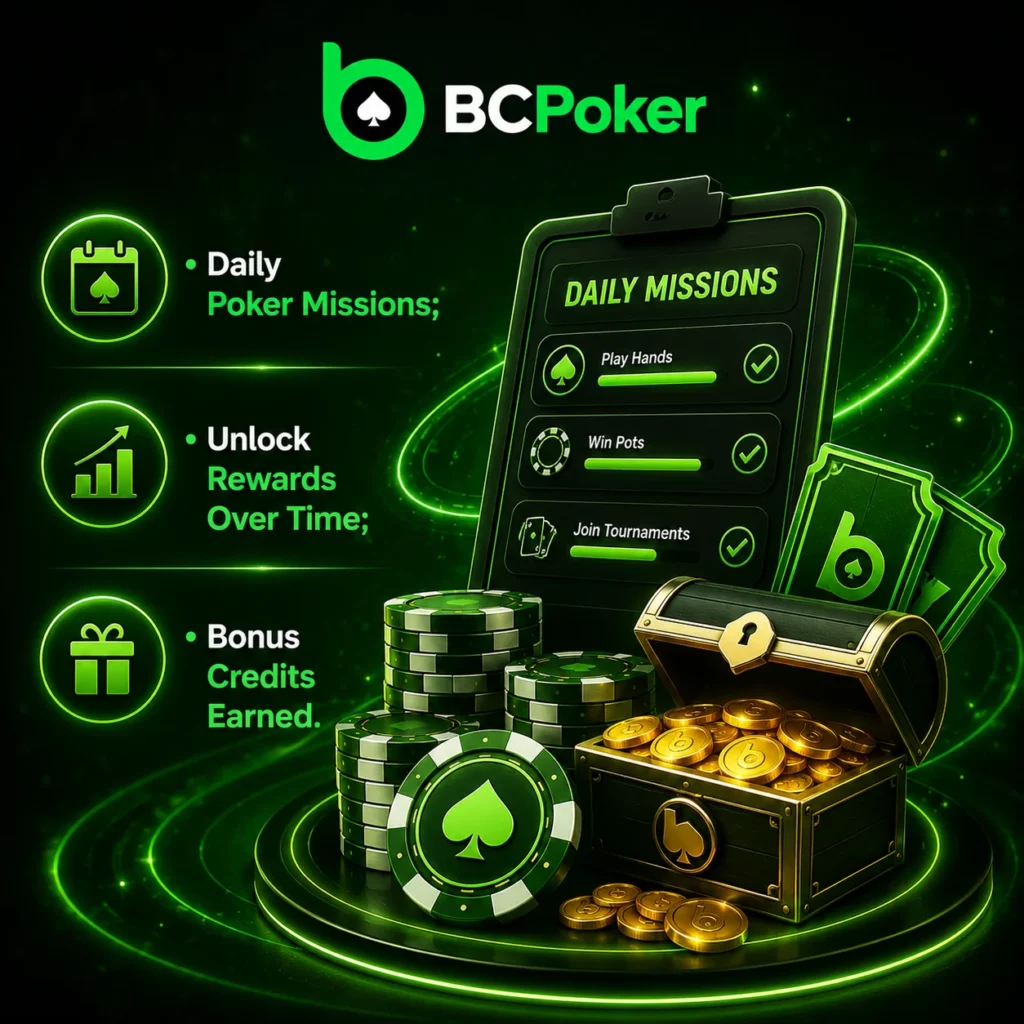 BC Poker daily missions banner with rewards and bonus credits visuals