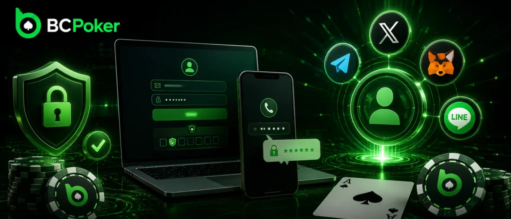 BC Poker login banner with email, phone and social sign-in options