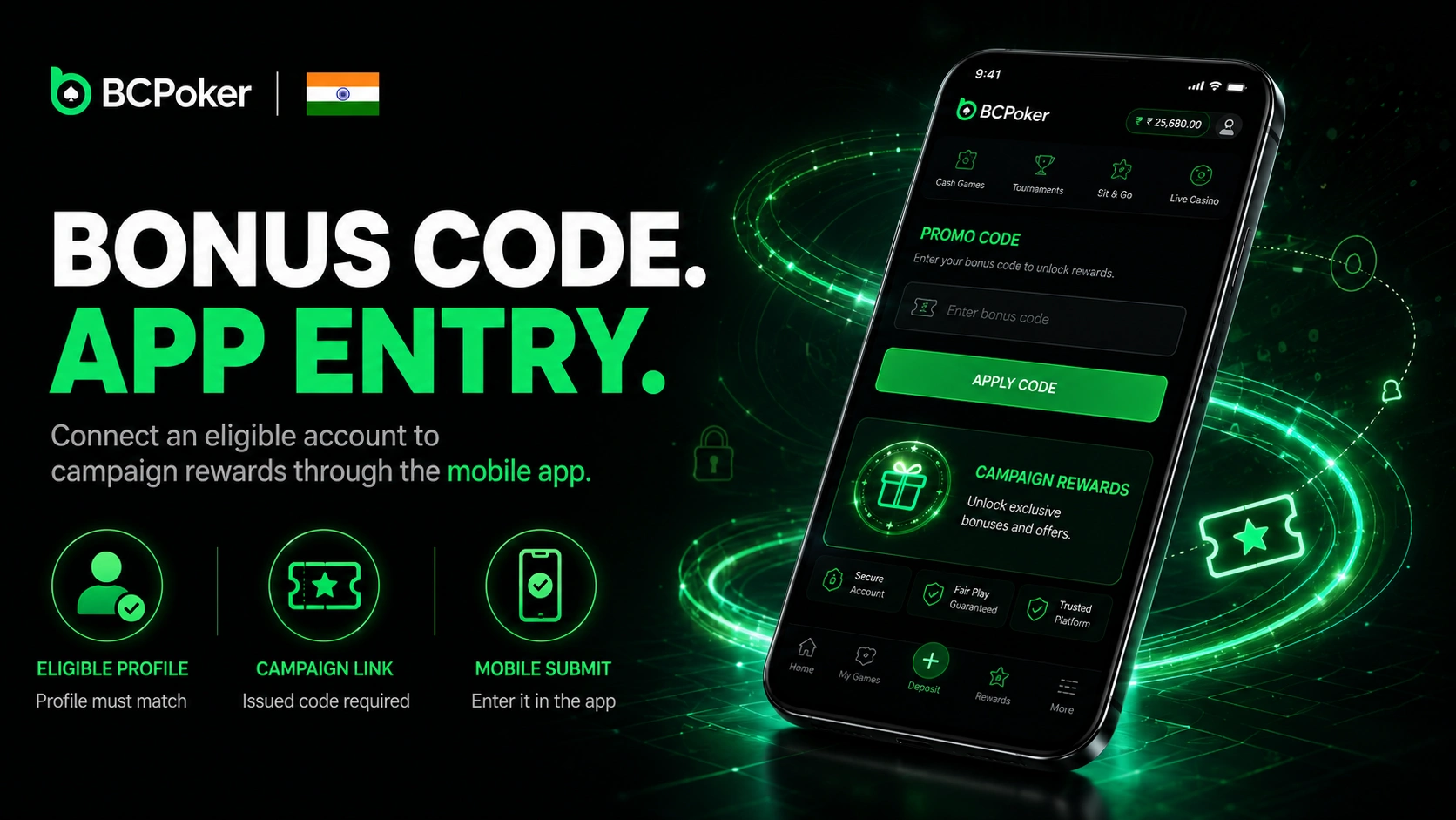 BC Poker India mobile app bonus code activation