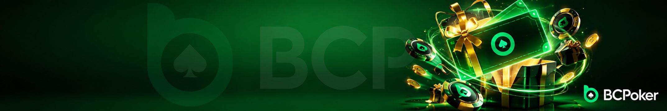 BCPoker bonus code with a glowing green voucher, gift box, poker chips and reward-themed design.