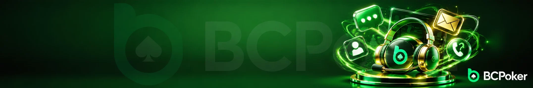 BCPoker contact support with live chat, email, phone and customer assistance icons.