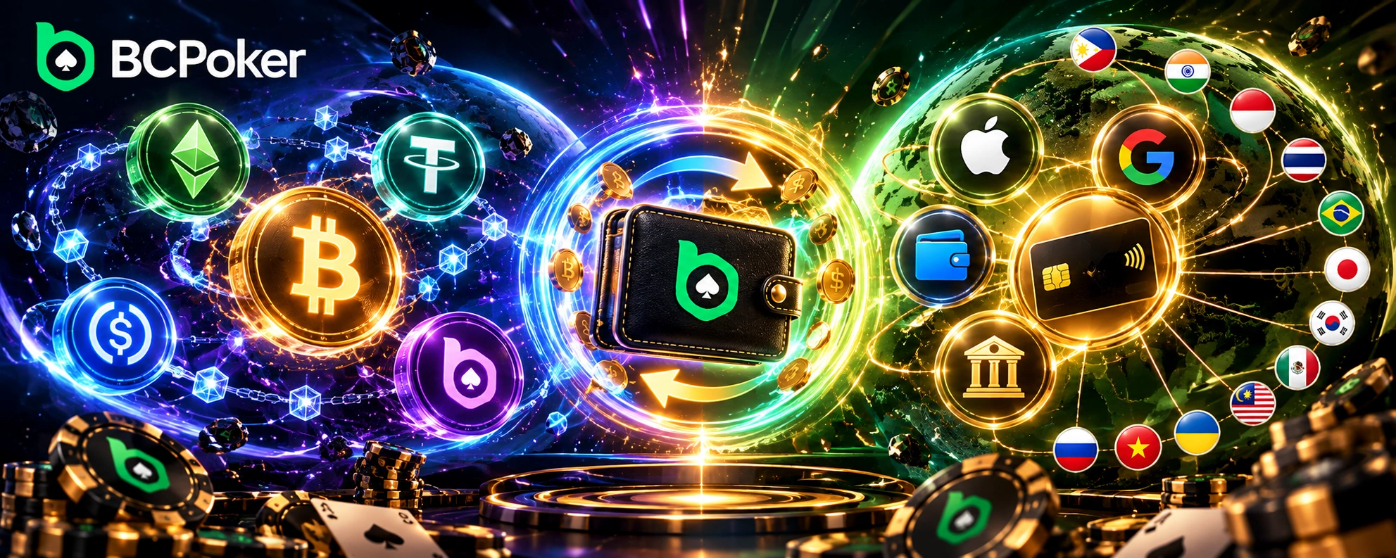 BCPoker unified balance connecting cryptocurrency assets, bank cards, e-wallets and regional payment methods.