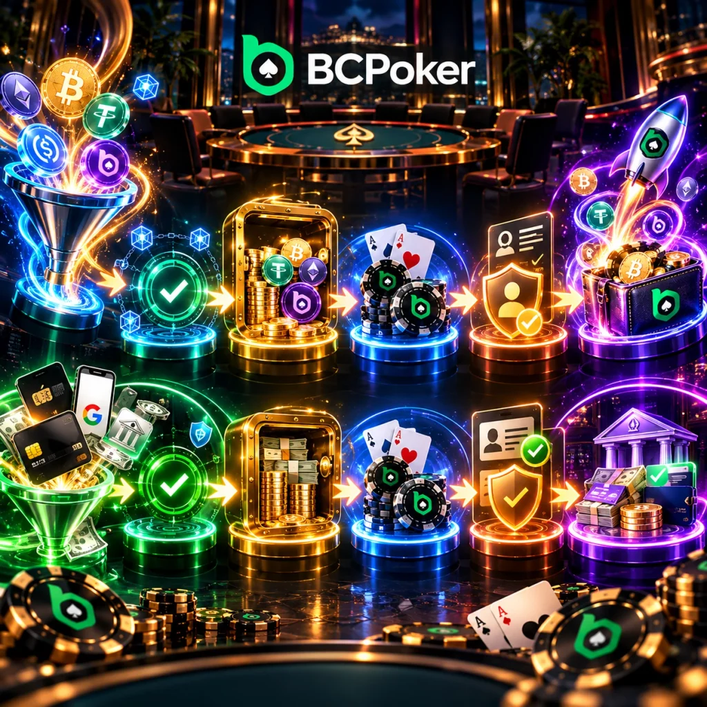 BCPoker deposit and withdrawal flow showing crypto and fiat payment paths, account verification, gameplay and secure fund release.