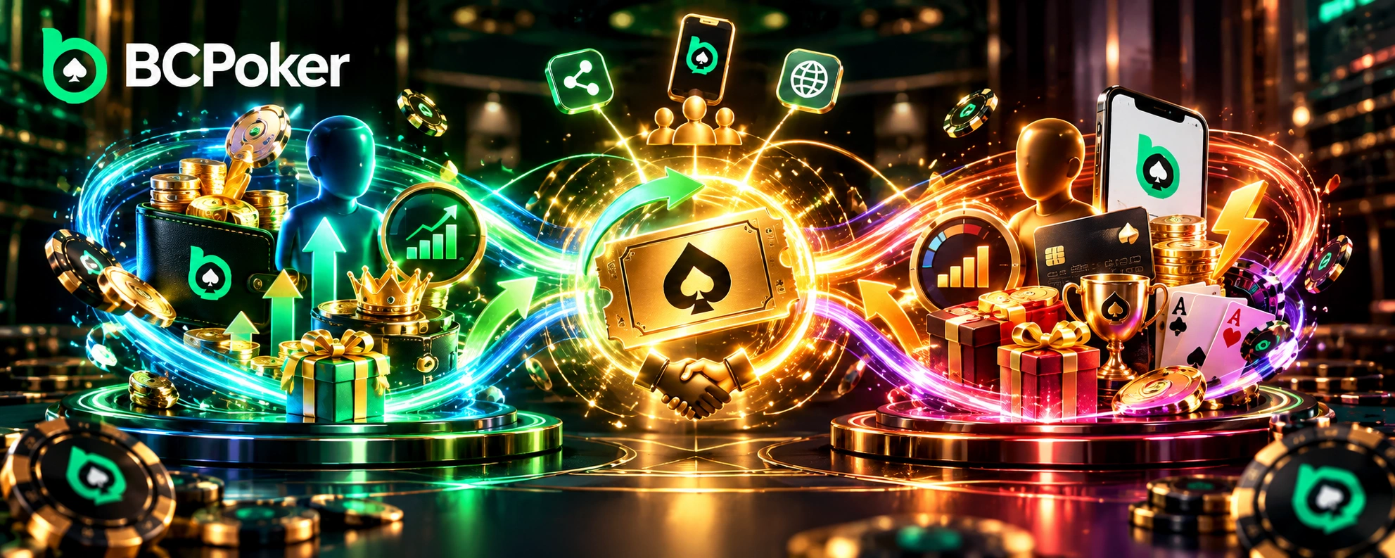 BCPoker referral rewards system showing inviter and invitee benefits, cashback, bonuses, VIP progress and a shared referral code.