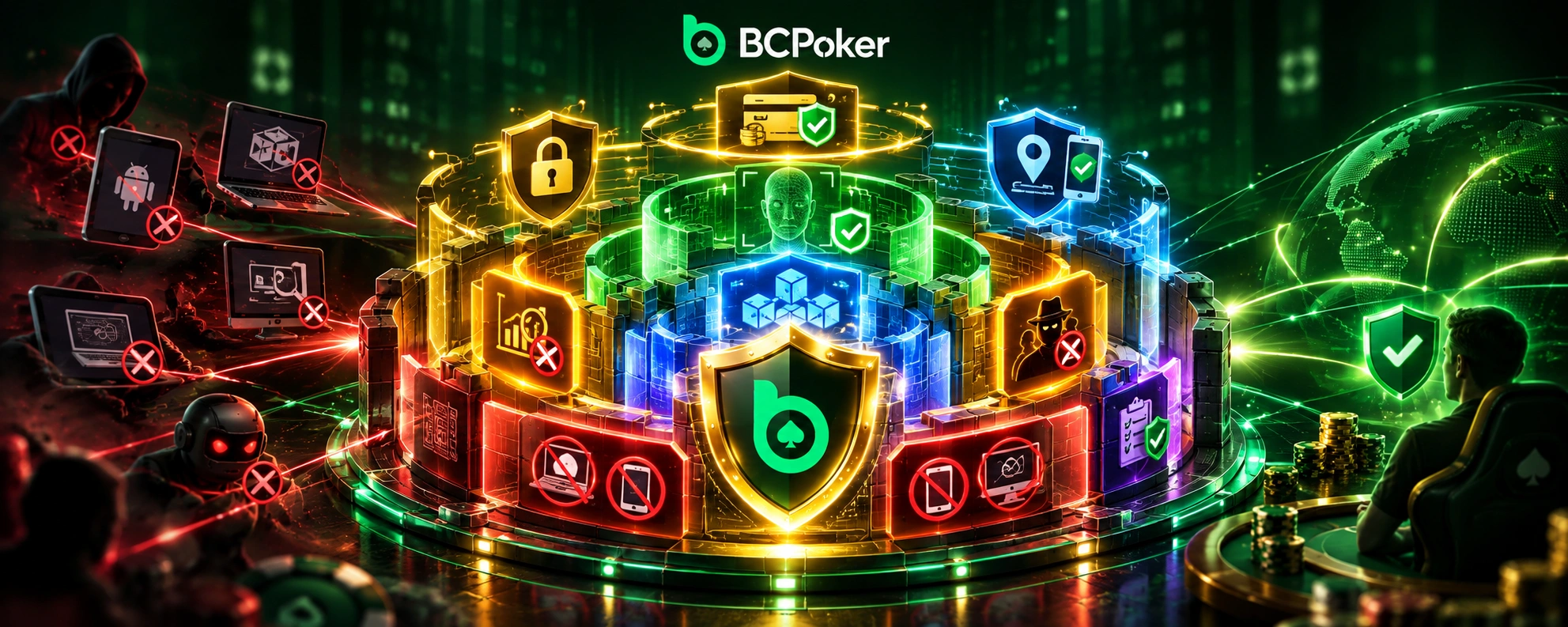 BCPoker security shield with fraud detection, biometric verification, encryption, device monitoring and blockchain protection.