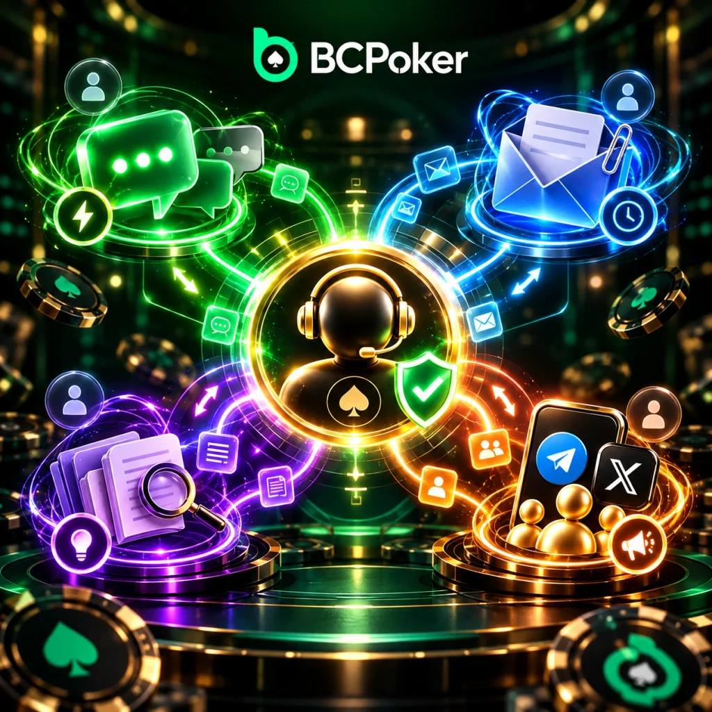 BCPoker support hub connecting live chat, email, help center and social channels through a secure communication network.
