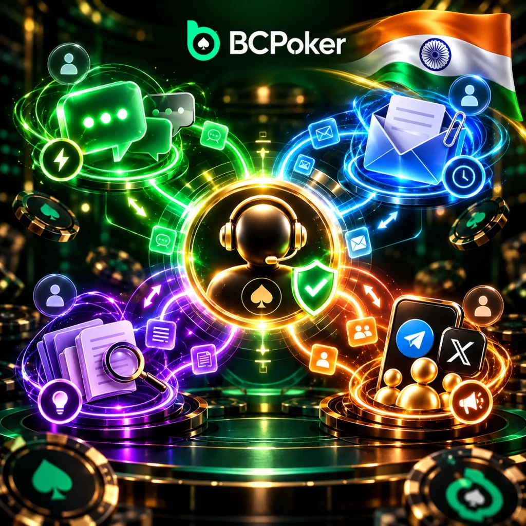 BCPoker भारत सहायता केंद्र, जिसमें लाइव चैट, ईमेल, हेल्प सेंटर, सोशल चैनल और सुरक्षित संचार नेटवर्क दिखाया गया है।