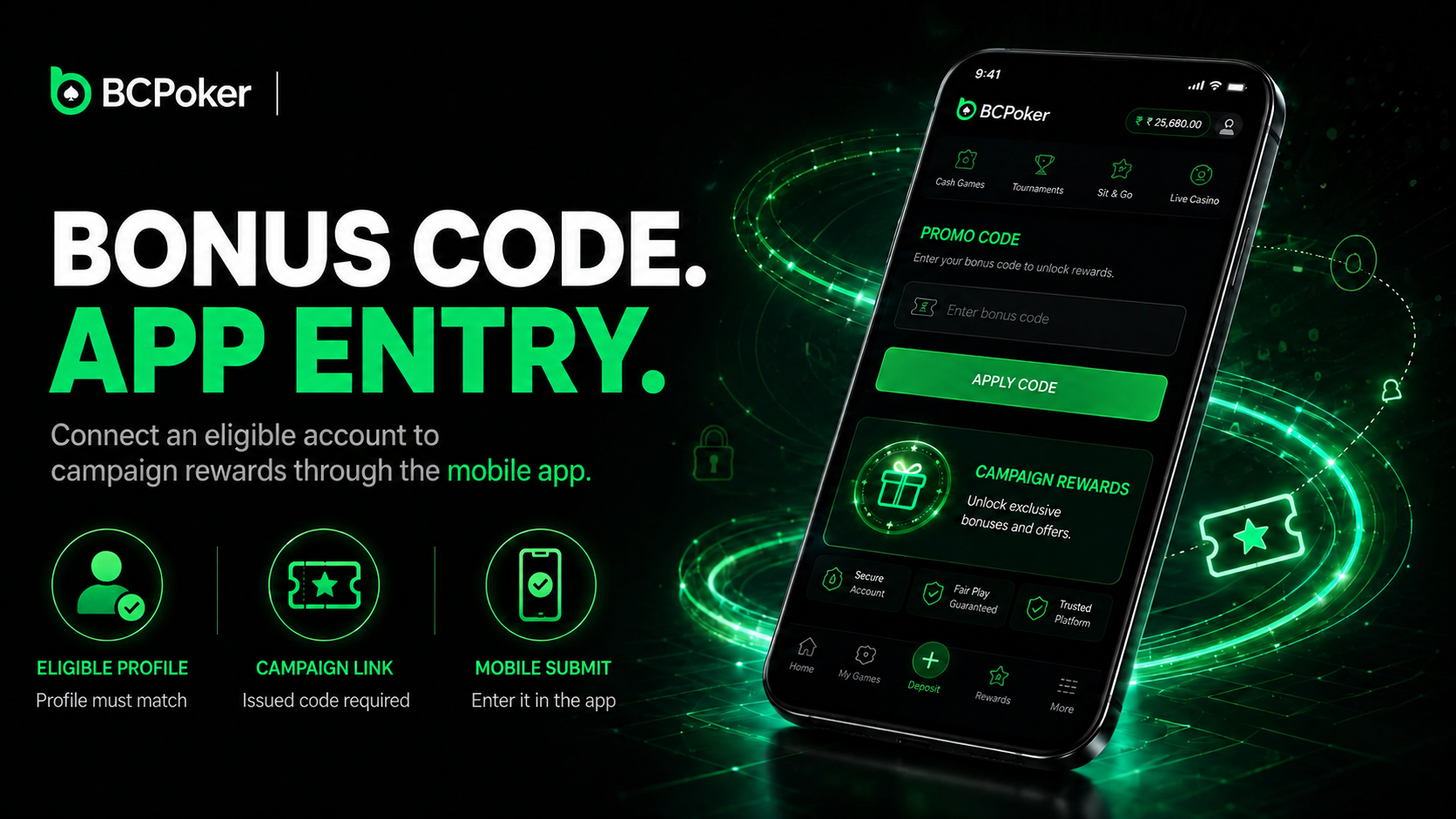 BC Poker India mobile app bonus code activation