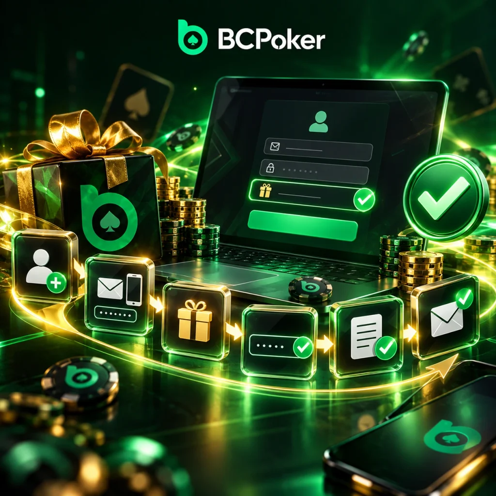 BCPoker में भारत के लिए पंजीकरण प्रक्रिया, जिसमें खाता बनाना, रेफरल कोड, पासवर्ड और ईमेल सत्यापन शामिल हैं।